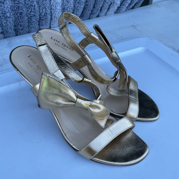 Kate spade gold leather heels size 10 shoes slingback size bow - Picture 1 of 9